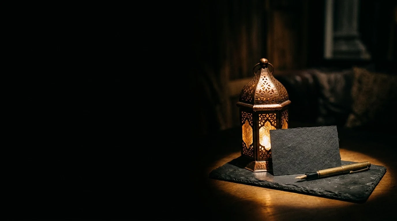 Lanterne allumée et carte de correspondance, ambiance tamisée