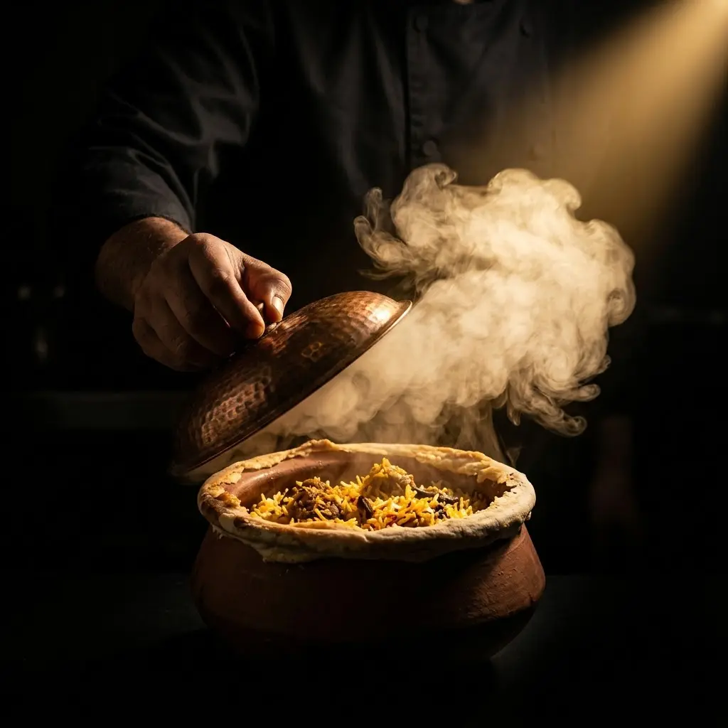L'ouverture du couvercle scellé, libérant la vapeur parfumée du biryani