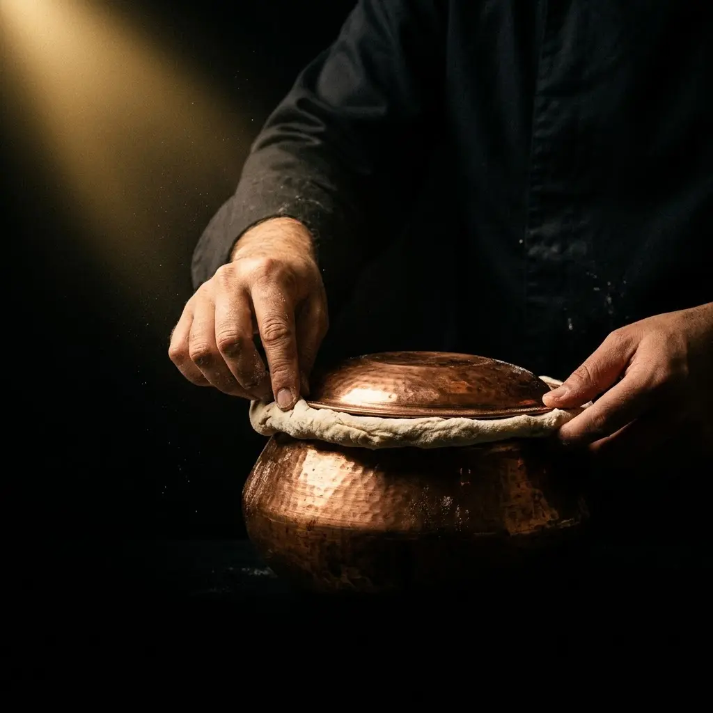 La marmite scellée à la pâte à pain avant la cuisson « dum »