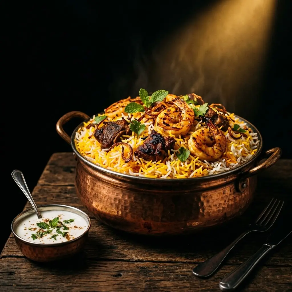 Biryani servi dans une marmite en cuivre, agneau et crevettes grillées sur riz basmati doré