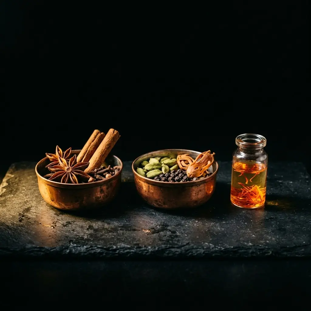 Les épices entières du biryani : anis étoilé, cannelle, clous de girofle, cardamome et huile de safran