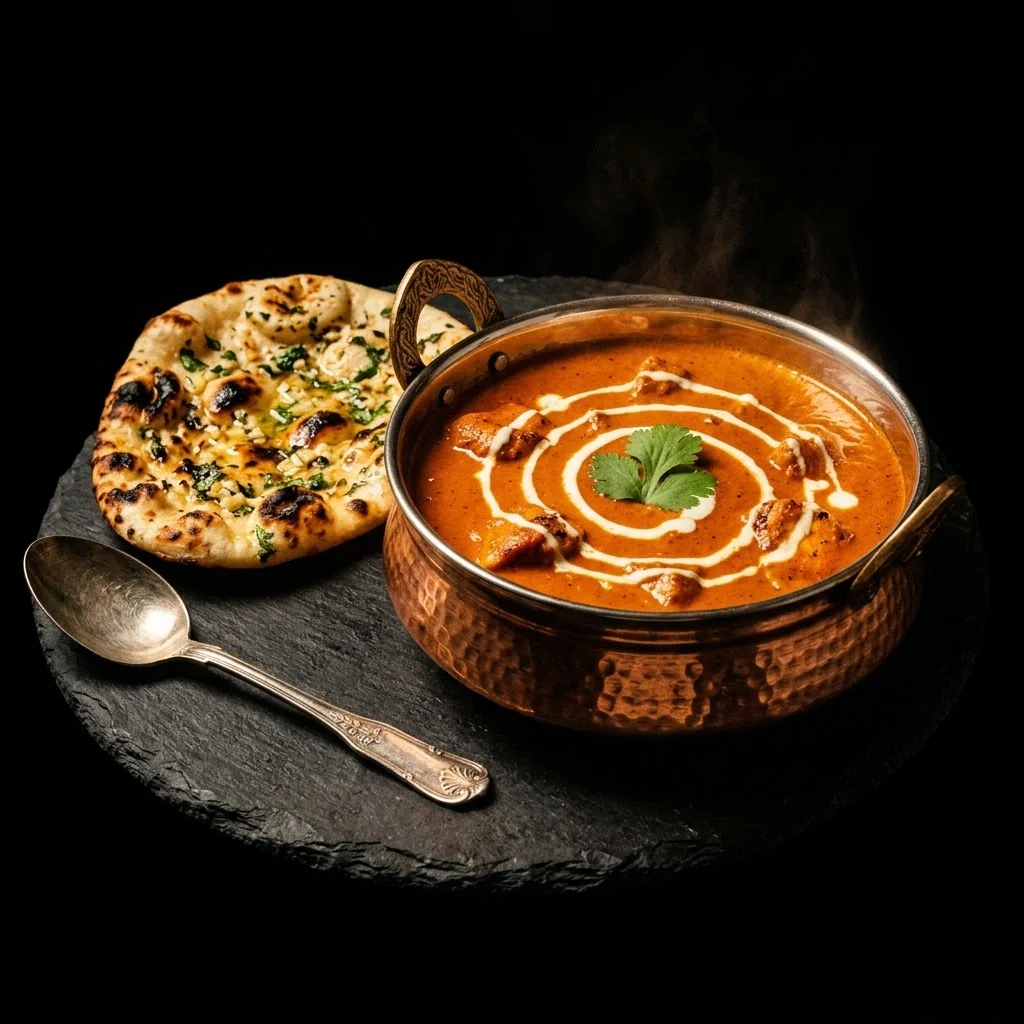 Butter chicken servi dans une marmite en cuivre avec du naan