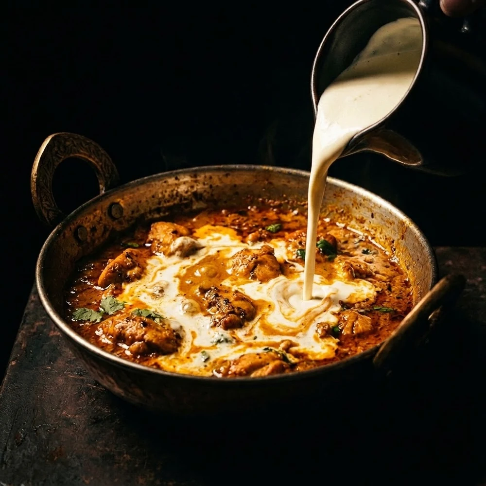 La crème versée dans la sauce makhani en fin de cuisson