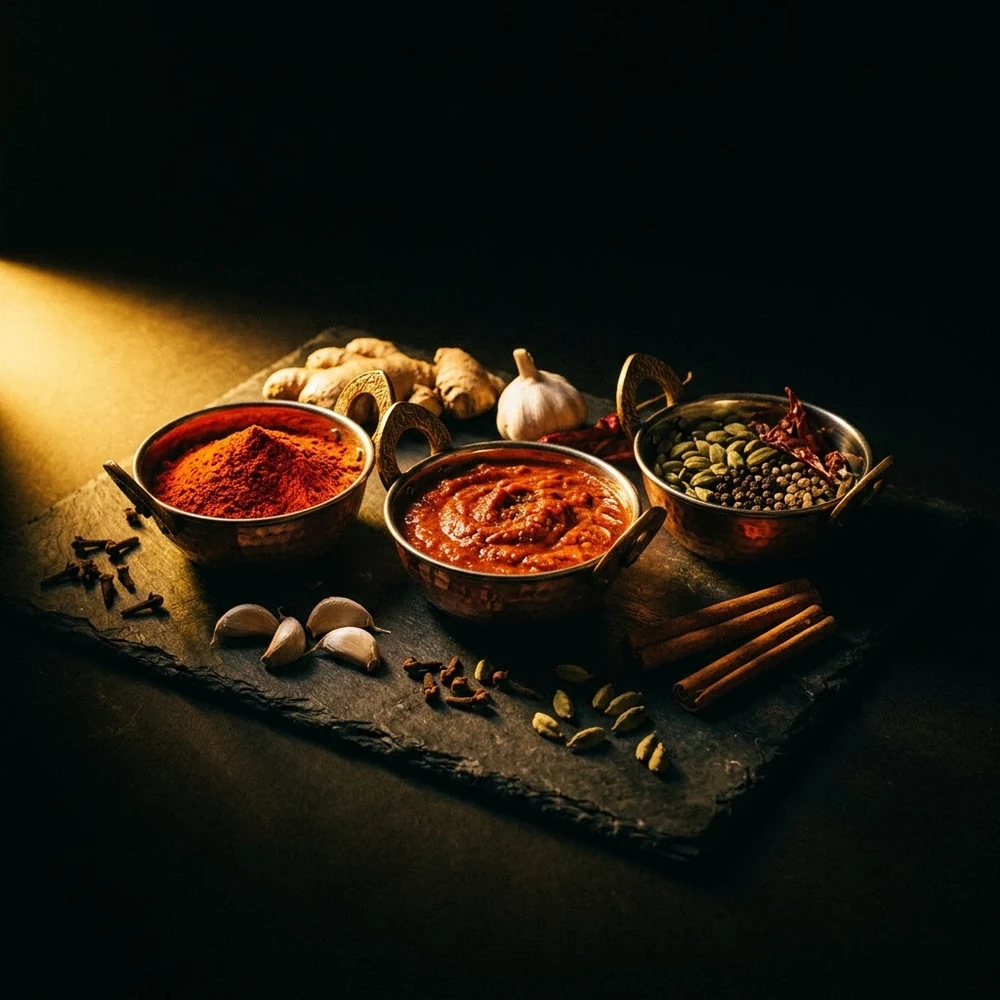 Les épices traditionnelles du butter chicken : paprika, cardamome, cannelle, gingembre, ail