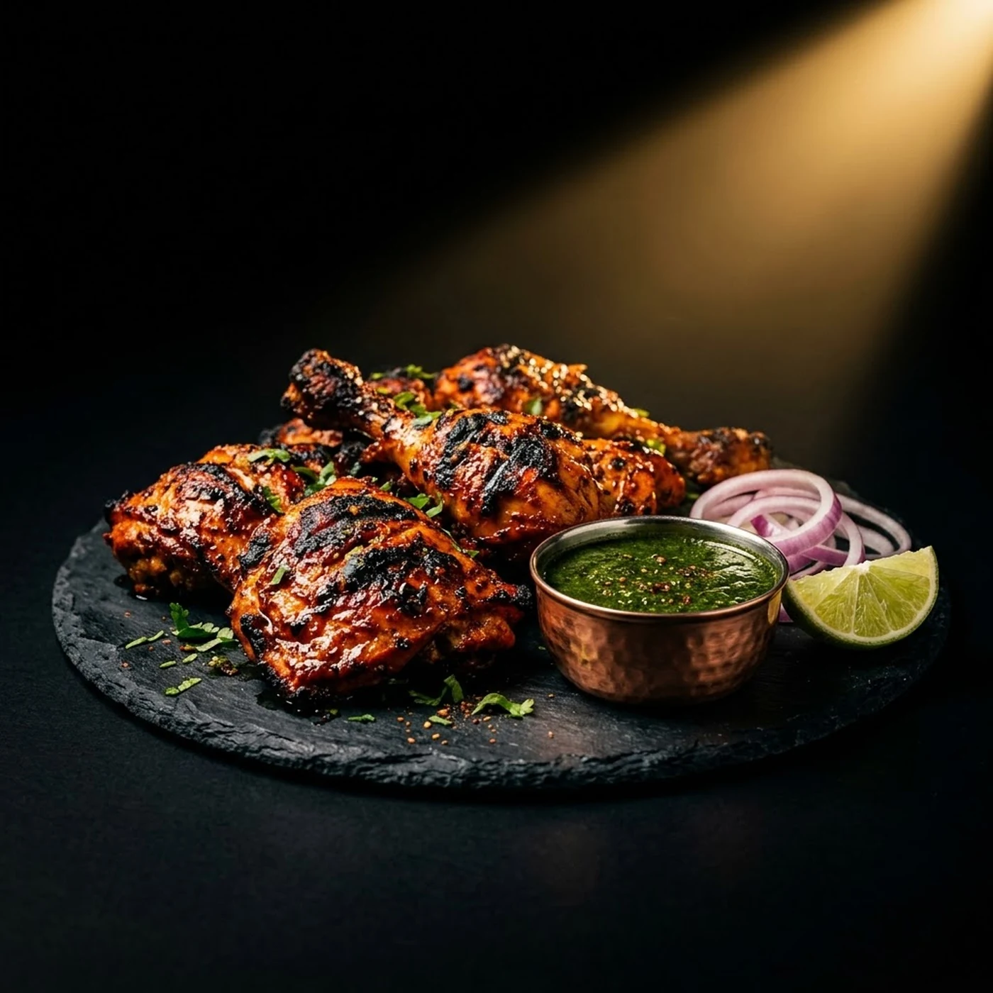Cuisses de poulet tandoori grillées, servies sur ardoise avec chutney à la coriandre, oignon rouge et citron vert