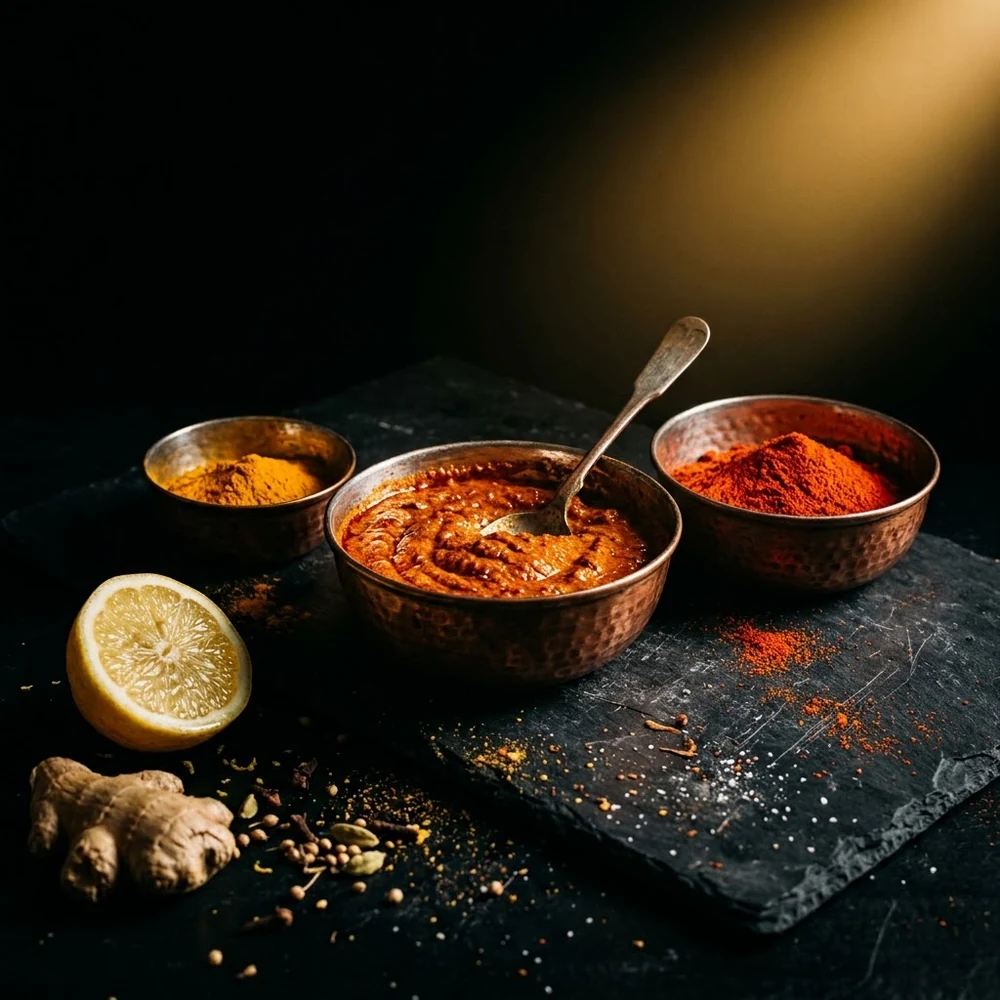 La marinade traditionnelle du tandoori chicken : yaourt épicé, paprika, curcuma, gingembre et citron