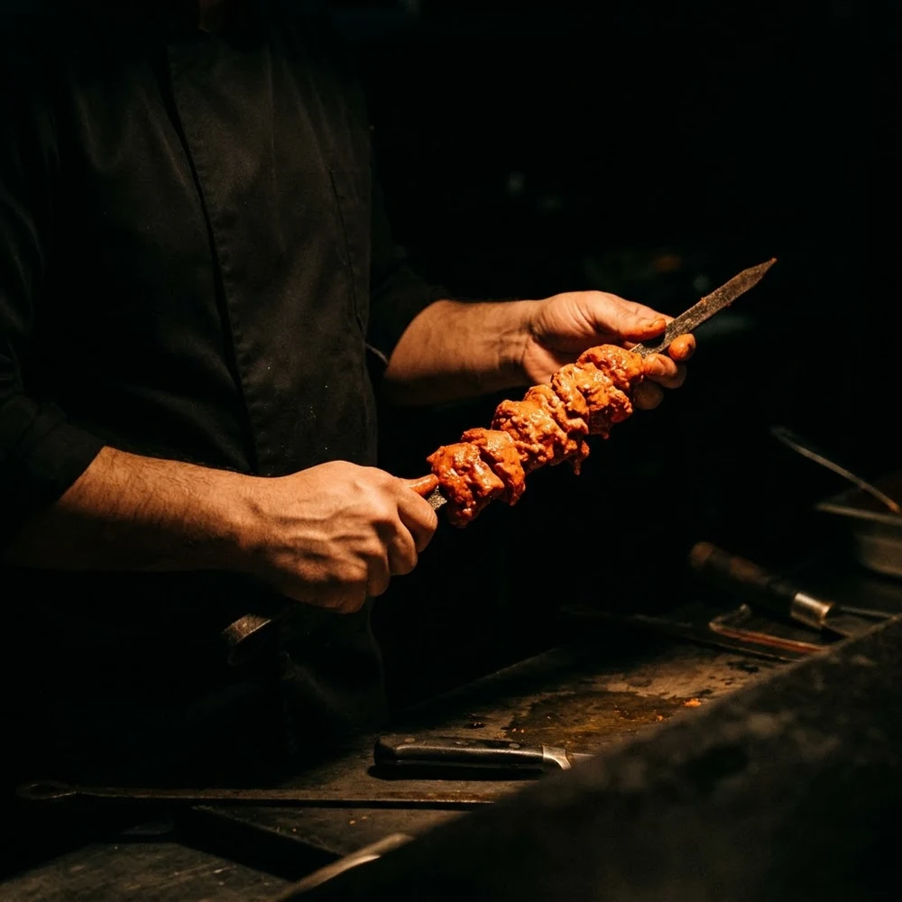 Brochette de poulet mariné, prête à être plongée dans le four tandoor
