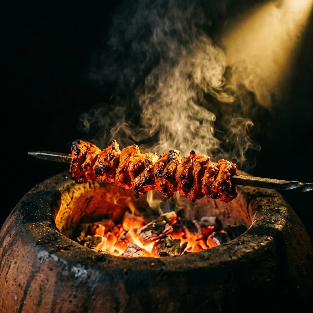 Brochette de poulet tandoori en cours de cuisson au-dessus des braises du four traditionnel