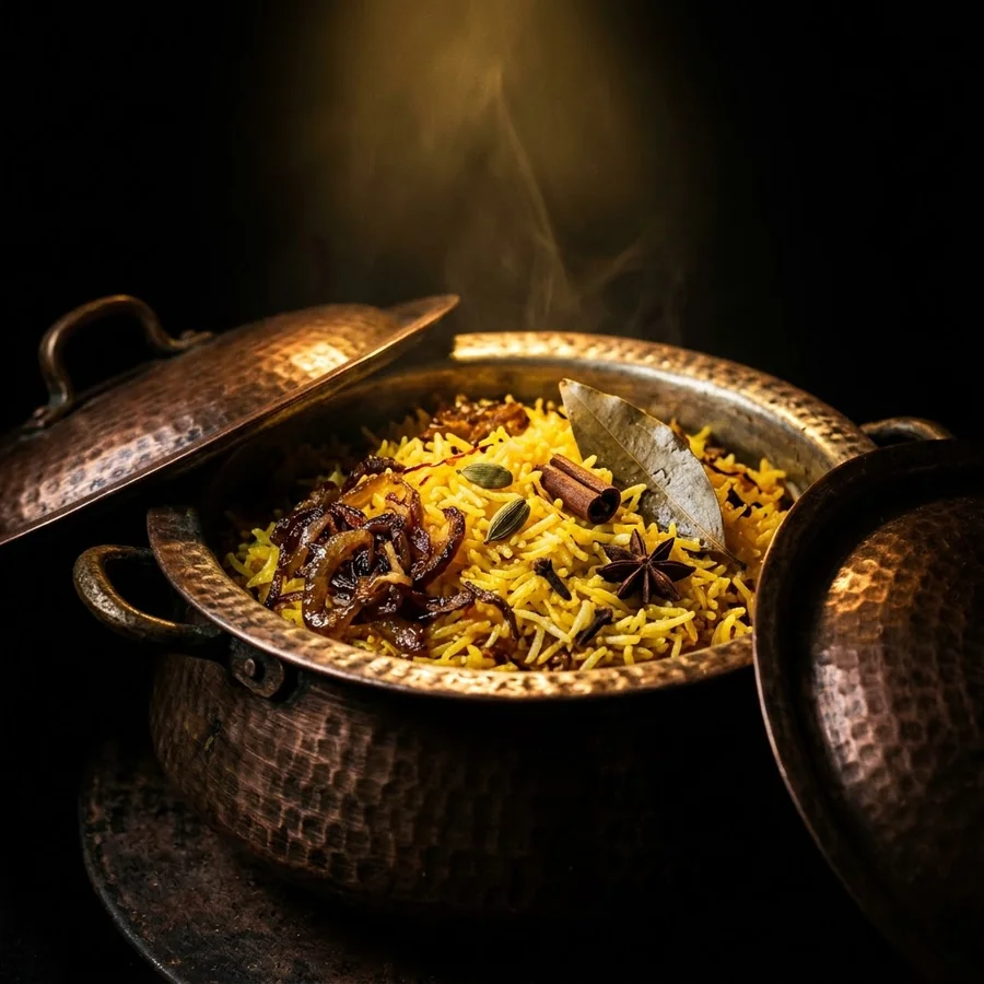 Biryani fumant servi dans une marmite en cuivre traditionnelle