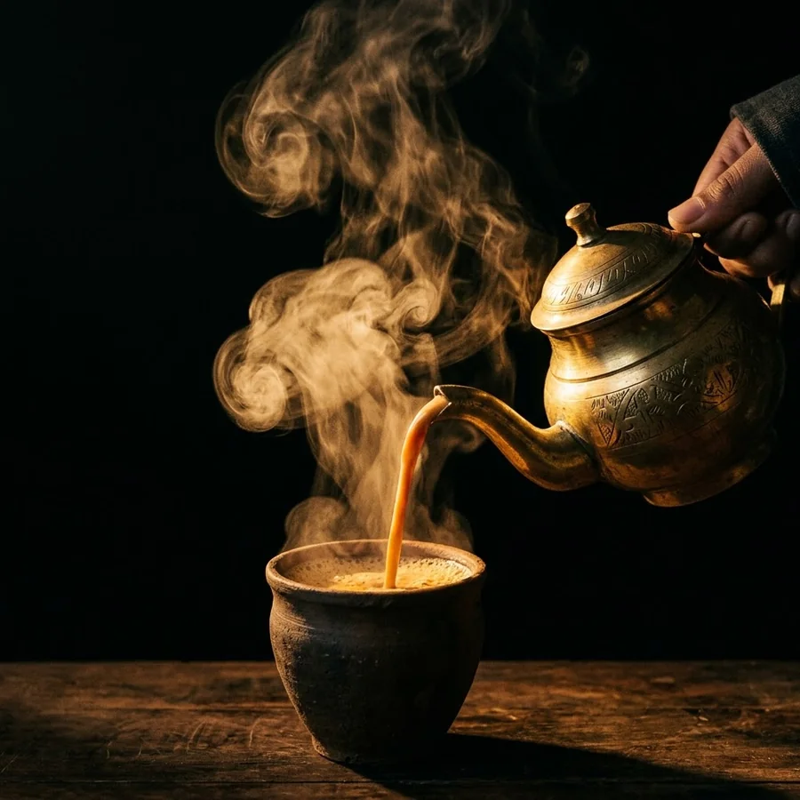 Thé chai versé depuis une théière artisanale