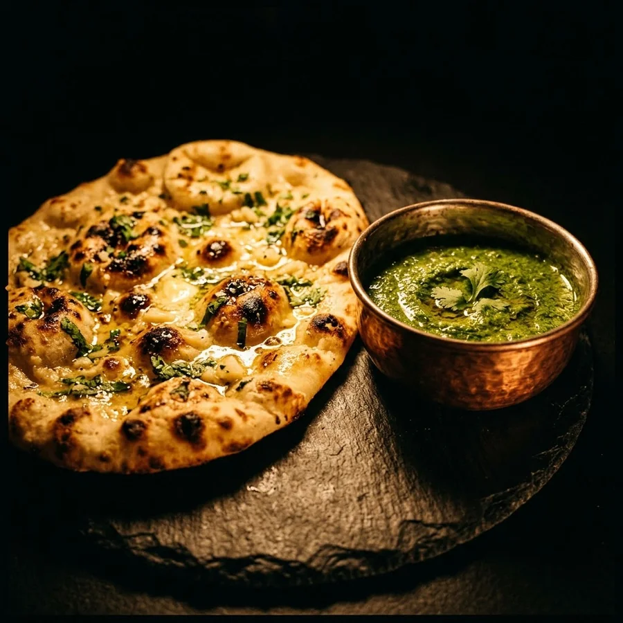 Naan fait maison servi avec une sauce chutney